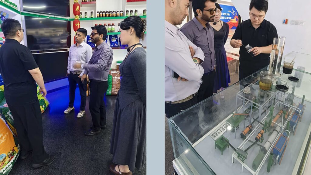 Indian customers toured the Risso fertilizer showroom, tested humic acid solubility, and viewed machinery models for fertilizer production